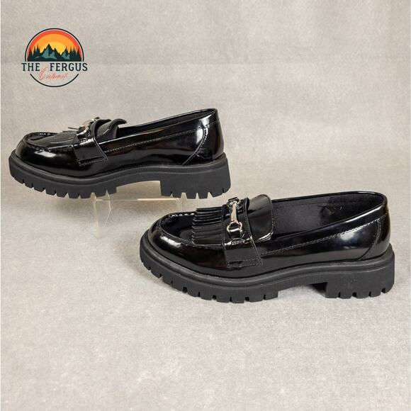Old Navy Loafer Shoes Black Patent Faux Leather Lug Chunky Heel Women's Size 8.5 - Picture 4 of 11